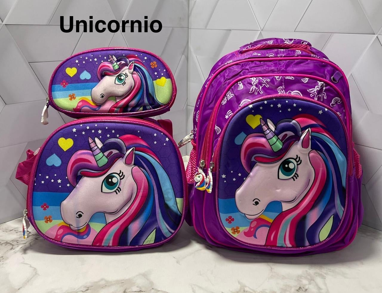 Trío 3D Morral + Lonchera + Cartuchera DE REGRESO A CLASES 📚📚📓📔📕📗📘
